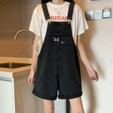 Yipinpay Women Summer Denim Shorts Black Butterfly Embroidery Korean Style Jeans Pants High Waisted Baggy Y2k Fashion Bib Short