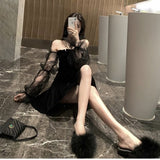 Yipinpay 2023 Black Retro Dress Women Lace Chiffon Mini Dress Female High Street Sexy Korean Fashion Dress Women Club Dress