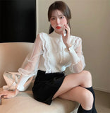 Yipinpay Long Sleeve Stand Black Chiffon Shirts Short Slim Vintage Blusas Mujer Patchwork Blouse White Mesh Dot Polka Knitted Top