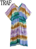 Yipinpay 2023 Women Beach Tunic Dress Tie Dye Print Midi Dress Women Short Sleeve Loose Summer Dress Woman Casual Long Dresses