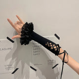 Yipinpay Women's Y2K 2000s Fingerless Gloves Cross Tie-up Elbow Length Arm Warmers Sleeves Lolita Costume Accessories