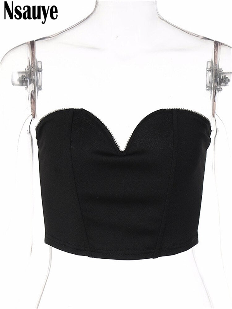 yipinpay Y2K Sleeveless Vintage Bustier Corset Tops Women Night Club Sexy Backless Off Shoulder Diamonds Black Tube Crop Tops 2023