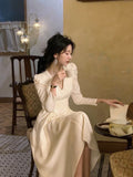 Yipinpay Autumn Elegant One Piece Dress Korea Fashion Casual Pure Color Midi Dress Woman Long Sleeve Evening Party Dress Office Lady