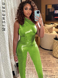 Yipinpay Slant Shoulder Sleeveless Neon Green Jumpsuits Women Slim Pencil Pants One Piece Rompers 2023 Spring Fall Party Clothes