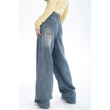yipinpay Women Blue Jeans Contrasting Colors High Waist American Street Wide Leg Pants Fashion Baggy Vintage Straight Autumn New Trousers