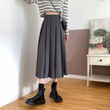 Yipinpay Vintage Brown Pleated Long Skirts Women Korean Fashion High Waist Chic Elegant A-line Midi Skirt for Girls Preppy Style