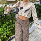 Yipinpay Vintage Knitted Hollow Out Crop Top Y2K Aesthetic Crochet Loose Pullovers Fairycore Grunge Sweater Tees Cover-ups Streetwear