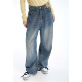 yipinpay Women Blue Jeans Contrasting Colors High Waist American Street Wide Leg Pants Fashion Baggy Vintage Straight Autumn New Trousers