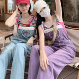 Yipinpay Purple Retro Overalls Baggy Jeans For Women's Fashion Summer Casual Female Romper Jumpsuit Denim Trousers Loose Pants Korean