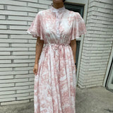 Yipinpay Stand Drawstring Lace Up Fly Sleeve Chiffon Dress Women Vestidos De Mujer Blue Print Ink Dresses Summer Robe