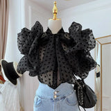 Yipinpay Puff Sleeve Black Polka Dot Shirt Women Vintage Blusa Bow Lace Up Lantern Sleeve Transparent Shirt New Blouse Top 2023
