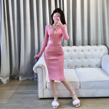 Yipinpay Pink Wrap Hip V Neck Long Sleeve Knitted Dress Women Sashes Slim High Waist Sexy All-match Vestido Mujer Feminino Solid