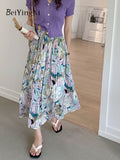 yipinpay Summer Painting Printed Pleated Skirt Women 2023 Chiffon High Waisted A-line Long Skirts Korean Fashion Faldas Female