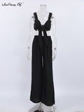 Yipinpay Fashion Black Linen Slit Pants Sets Women 2 Pieces Vacation Outfits Lace-Up Crop Tops Baggy Pant Cotton Suits Summer