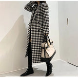 Yipinpay & Blends Vintage Black White Houndstooth Coat Women Autumn Chic Long Trench Coats Notched Neck Suits Jackets Femme