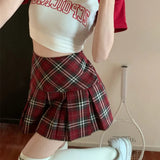 Yipinpay Preppy Plaid Pleated Skirt Red Women Summer 2023 Vintage Korean Style High Waist Patchwork A-line Mini Skirt Harajuku