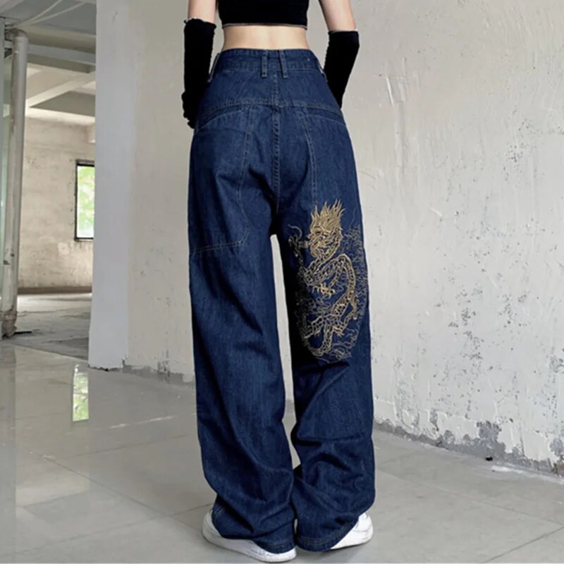 Yipinpay Jeans Women Hip Hop Retro Skull Embroidered Washed Loose Jeans 2023 New Straight Casual Wide-Leg Pants Couple Fashion Jeans