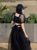 Yipinpay Black One Piece Dress Korean Short Sleeve Elegant Midi Dress Woman Party 2023 Summer Slim Casual Sexy Backless Dress