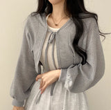 Yipinpay White Bandage Lantern Sleeve Cardigan Short Coat Pull Femme Wild Black Grey Knitwear Top Kimono Cardigan Casual Tshirt