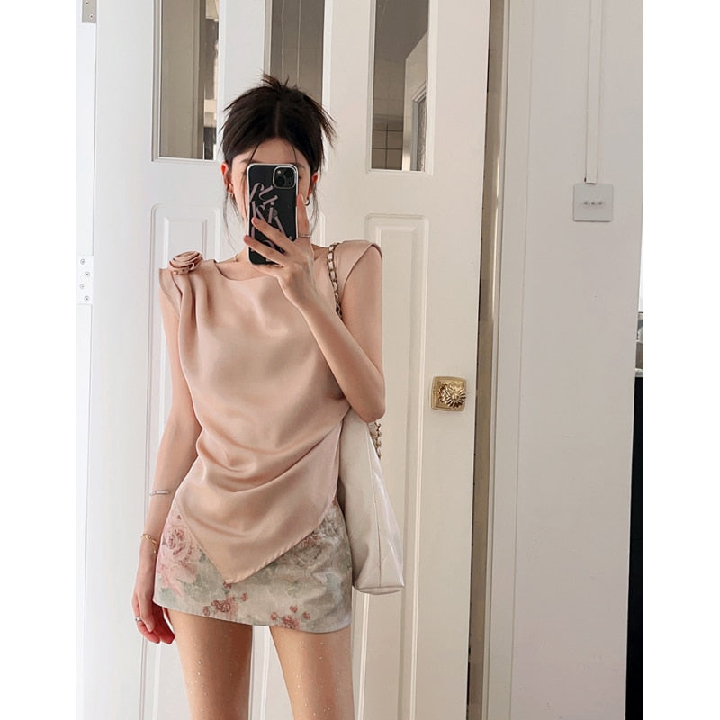 yipinpay Shirt For Women Pink Sling Flower Design Sleeveless Personalized Sexy Trend Fashion Chic Summer NEW Female Clothing Solid Tops