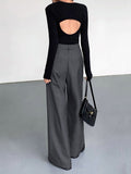 Yipinpay Gray High Waist Pants Pleated Elegant Women Wide Leg Pants Office Ladies Classic Work Floor-Length Pants Summer 2023