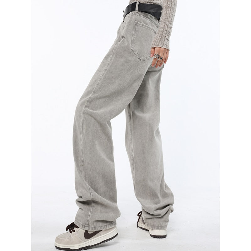 yipinpay Grey Women Jeans High Waist Vintage Straight Denim Pants Streetwear Style American Fashion Female Wide Leg Denim Trouser