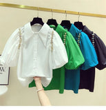 Yipinpay Rhinestone Blouse Fungus Lantern Short Sleeve Cotton Crop Tops Camisa Feminina Blusas Spring Women Shirts Casual Retro