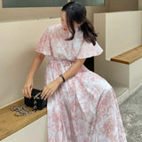Yipinpay Stand Drawstring Lace Up Fly Sleeve Chiffon Dress Women Vestidos De Mujer Blue Print Ink Dresses Summer Robe