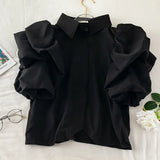 Yipinpay Camisas Tops Mujer 2023 Shirts for Women Lantern Short Sleeve Blouse Black White Roupas Femininas Blusas Pleated Ruffled