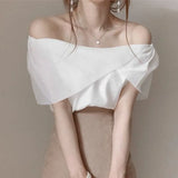 Yipinpay Sexy Off Shoulder Crop Top Blusas Mujer De Moda Slim Short Sleeved Chiffon Shirt Summer White Blouse Shirts for Women