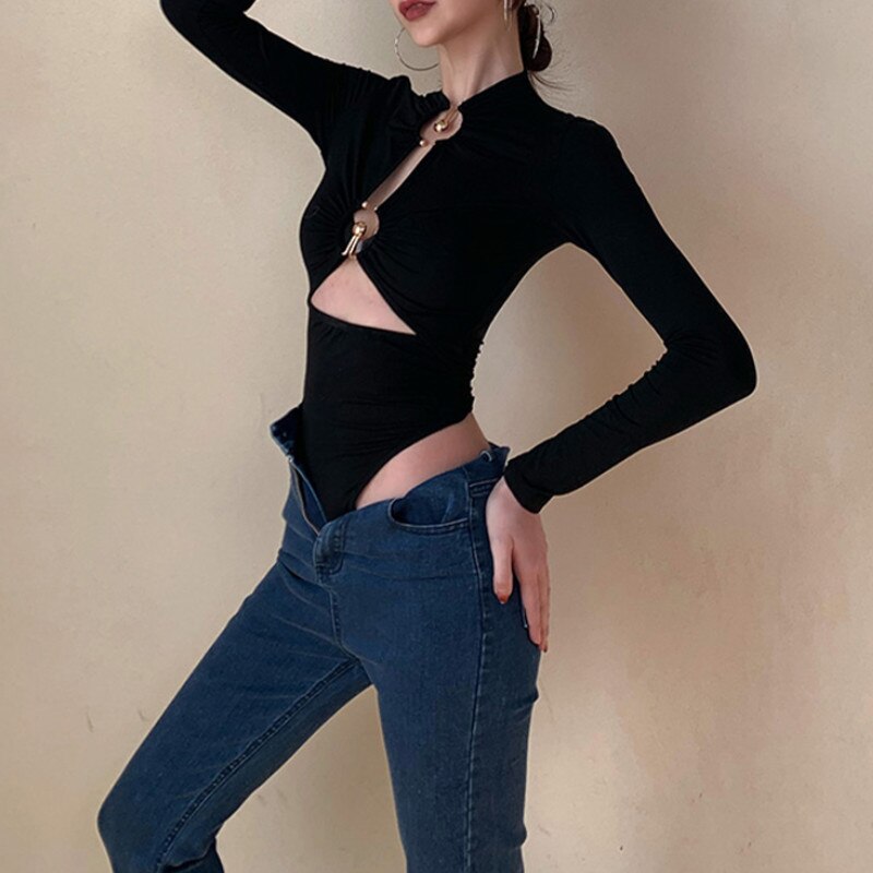 Yipinpay Bodysuit y2k Clothes Bandage Sexy Solid Color Long Sleeve Slim Hollow Out Romper with Metal Ring for Spring Fall 2023