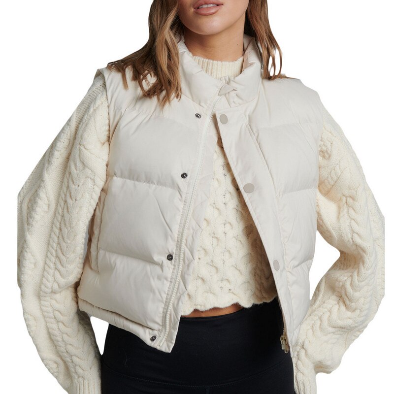 Yipinpay Women Puffer Padded Vest Winter Sleeveless Jackets Crop Waistcoat Solid Color Stand Collar Warm Lightweight Vest Streetwear