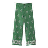 Yipinpay Embroidery High Waist Pants For Women Green Wide Leg Pants Women Summer Vintage Baggy Pants Woman Boho Women's Trousers