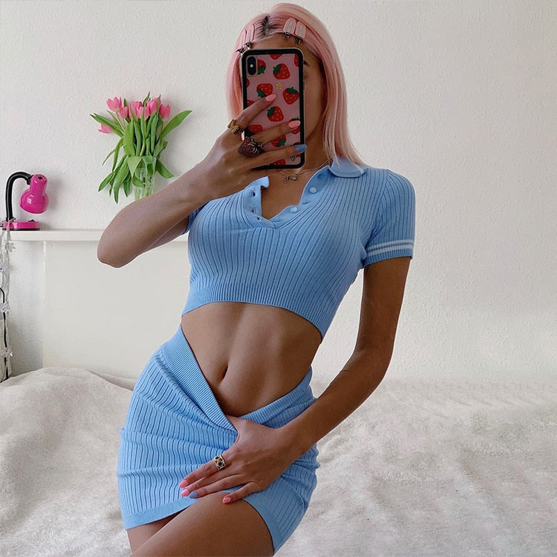 Yipinpay Women Sexy Clothes Suit Dress Short Sleeve Stand-Up Collar Crop Tops High Waist Pencil Skirts Lady Knit Slim Casual Outfits