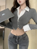 Yipinpay Camisas Fake Two Blouse Sexy Contrast Patchwork Tops Spring Grey Shirts for Women 2023 Knitted Blusas Mujer Button Shirts