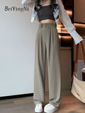 Yipinpay 2023 New Stylish Women Baggy Pants Sashes Casual Loose Elegant Office Ladies Wide Leg Pants Korean Chic White Trousers