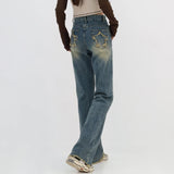 Yipinpay Retro Blue Washed Bootcut Jeans For Women Y2k Fashion High Waisted Wide Leg Pants Female Bottoms Cotton Denim Trousers