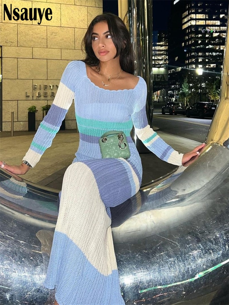 yipinpay Women Sexy Beach Evening Party Knitted Off Shoulder Long Sleeve Bodycon Long Dresses Casual 2023 Summer Y2K Maxi Dress