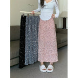 Yipinpay Straight Back Split Pink Sequin Skirt Women A Line Vintage Wrap Hip Midi Faldas Jupe Vintage Skirts Long Y2k Skirt