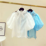 Yipinpay Collar Hong Kong Style Diamond Lantern Sleeve Blouse Women White Shirts Camisas Casual Top Blusas Puff Short Sleeve Shirt