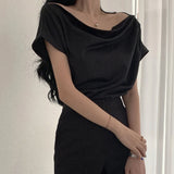 Yipinpay Temperament Off Shoulder Design Versatile Short Sleeve Pile Up Collar Shirt Slash Crop Top Blusas Mujer De Moda 2023 Slim Shirts