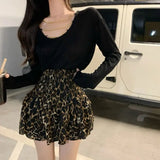 Yipinpay Mini Print High Waisted Leopard Skirts Faldas Mujer Moda Y2k Skirt Vintage 2023 Skirts for Women Chiffon Cake New Pleated