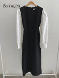 yipinpay Korean Chic Long Sleeve Midi Dresses Women 2023 Spring Autumn Casual Eelgant Office Ladies Dress Sashes Spell Color
