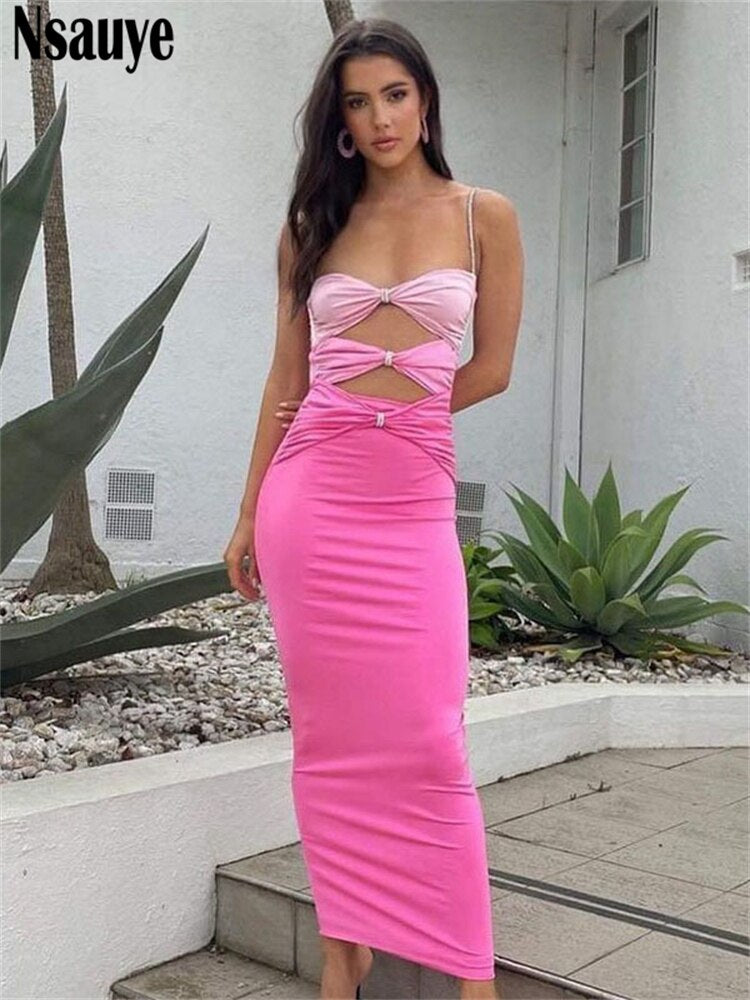 yipinpay Sexy Backless Women Hollow Out Long Strap Bodycon Dress Casual Beach Summer 2023 Fashion Evening Party Club Maxi Dress