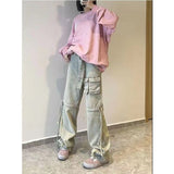 Yipinpay Waisted Cargo Y2k Baggy Jeans Stacked Pants Overalls For Women Grunge Vintage Pants With Pocket Ripped Jeans For Women