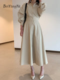 yipinpay Women's Shirts Dresses Slim Korean Chic Fashion Casual Single-breasted Long Midi Dress Office Ladies White OL Vestidos