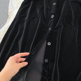 Yipinpay Vintage Maxi Pocket Single-Breasted Black Velvet Dress for Women Long Vestidos Mujer Party Autumn Winter Clothes A Line Robe