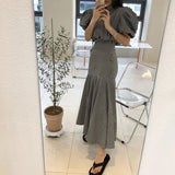 Yipinpay Waist Bodycon Fishtail Skirts Sets Vintage Mermaid Short Sleeve Plaid Shirt Beach Outfits for Women 2 Sets Crop Tops Blouse