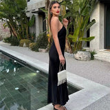 Yipinpay Black Long Dress Women Satin Backless Dress Woman Beaded Halter Evening Party Dresses For Women 2023 Sexy Summer Dresses