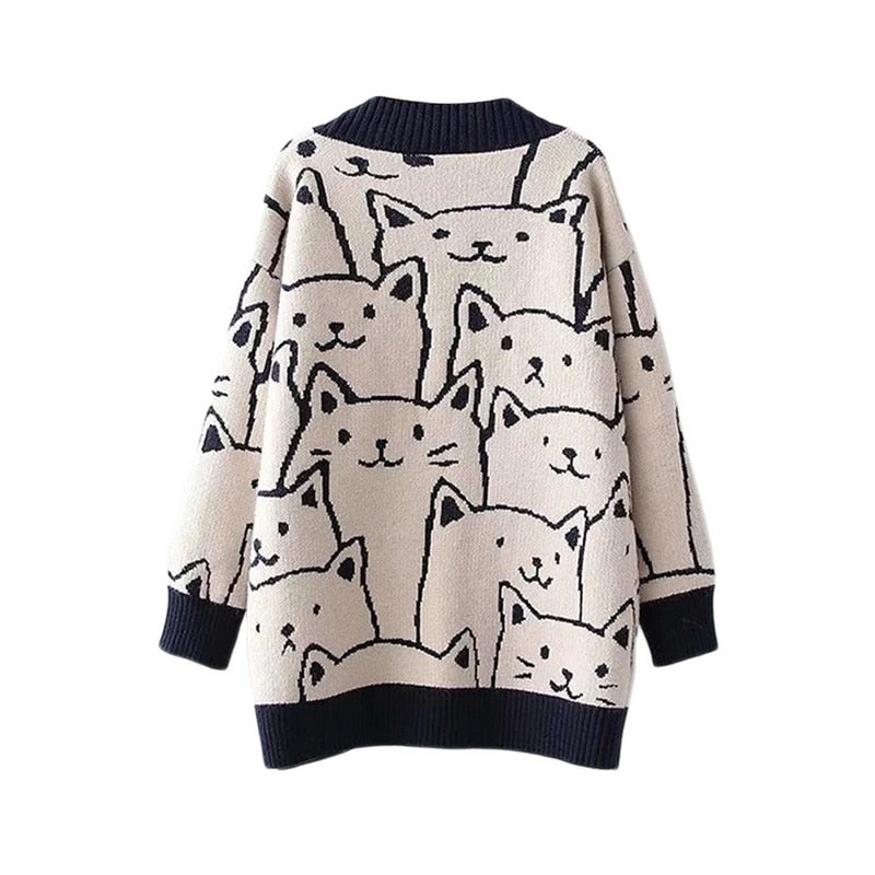 Yipinpay Women Button Down Knit Sweater Fall Long Sleeve V Neck Cartoon Cat Pattern Loose Cardigan Women's Winter Coats 2023